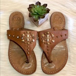 Tory Burch Dale Gold Studded Tan Thong Sandals